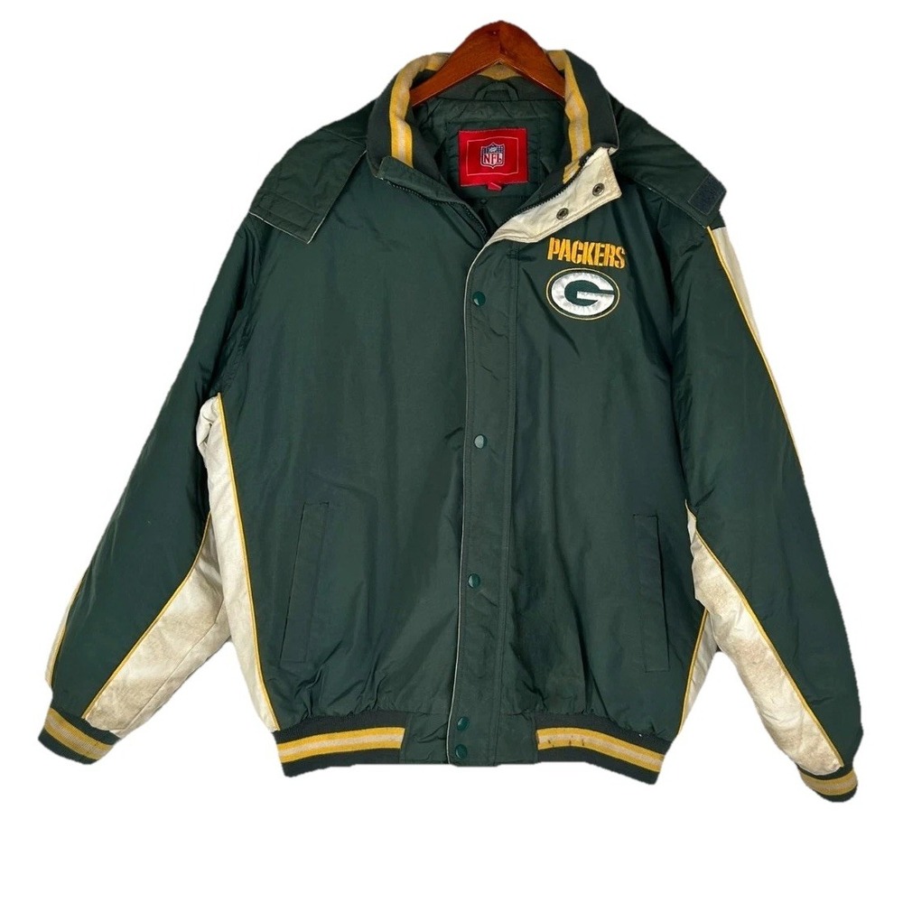 NFL Packers Vintage Puffer Jacket‎ Men's L Green Nylon Hooded Winter Warm Coat